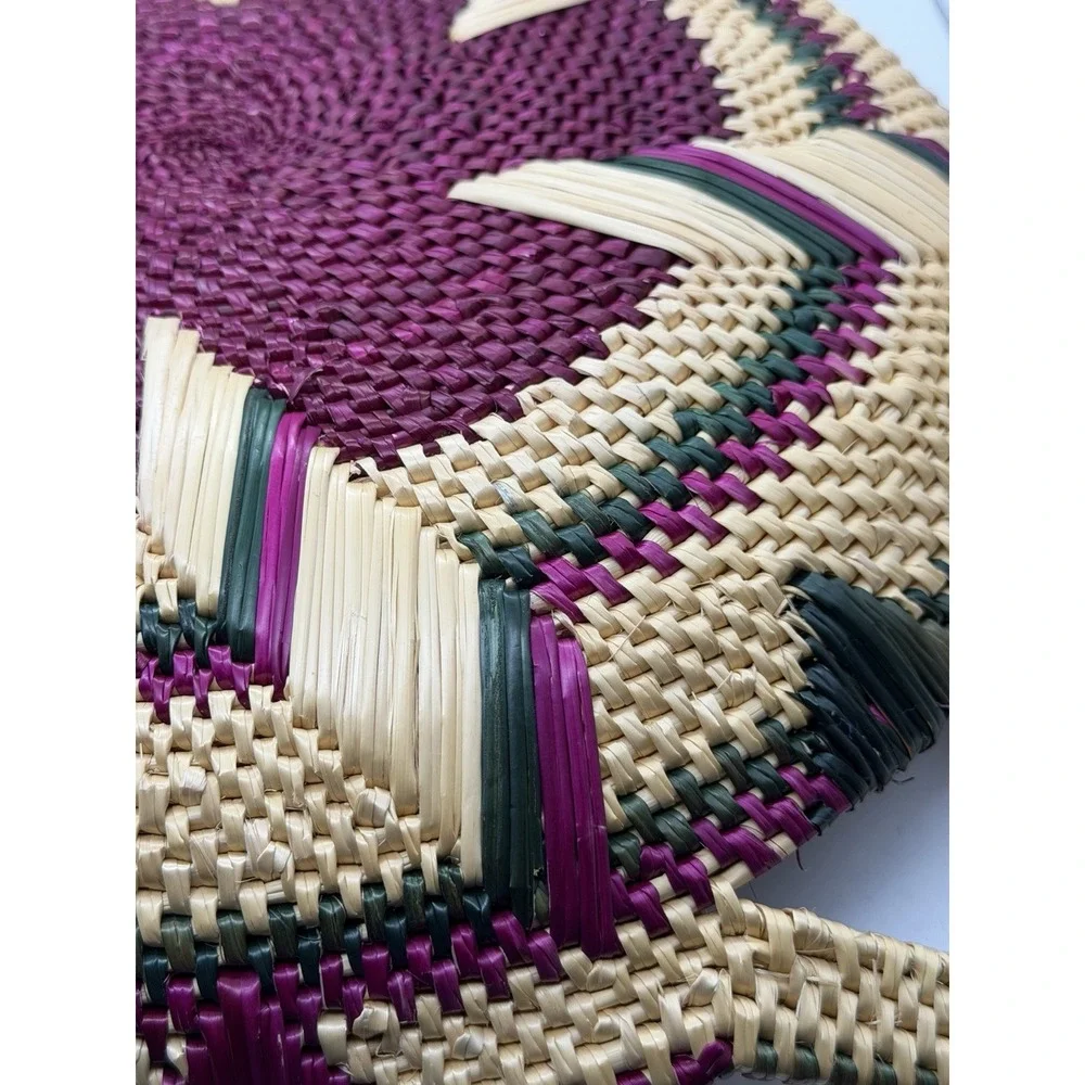 Handwoven African Wicker Basket Bowl Handles Boho Tribal Decor Purple & Green